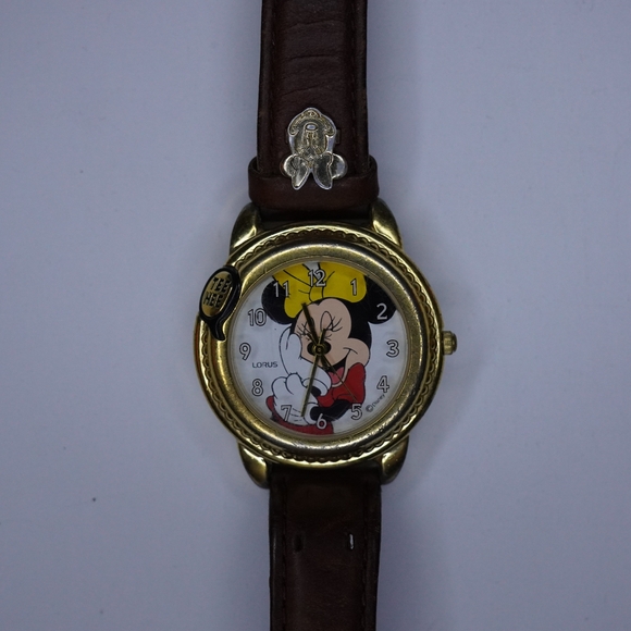 Vintage Lorus Minnie Mouse “Tee Hee” Watch Gold Brown Leather Band V52S-X002 main image 6
